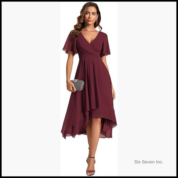 Dresses & Skirts - Chiffon V-Neck Ruched Midi High Low Formal Dress Short Sleeves